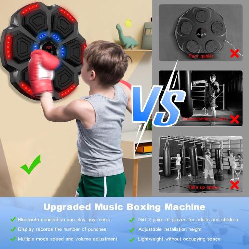 Black New Smart Music Boxing Machine with Red Boxing Gloves, Bluetooth Training Machine with LED Electronic Wall Mounted, Electronic Focus Agility Training Digital Boxing for Kids and Adults