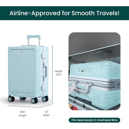 Nobl Travel Carry On Luggage, Noble Zipperless Aluminum Frame PC Hard Shell Suitcase, 23.5x15.5x10 Airline Approved, 360° Spinner Wheels, TSA Locks, USB Charging Port, Cup & Phone Holder - Baby Blue