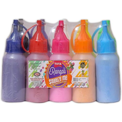 TOTA Rangoli Colour Powder Bottles Kolam Rangoli Powder for Floor Rangoli, Art,Home Decor, Pooja Set of 10 Rangoli Colors in Plastic Squeeze Bottles - 800 Gm, Multicolour