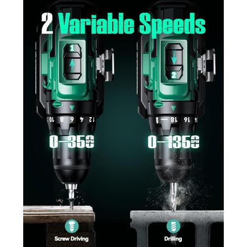 KIMO 20V Cordless Drill Set with 2 Packs 2.0Ah Battery, Max 350 In-lb Torque, 1350 RPM, 3/8 Keyless Chuck, 18 2 Clutch Setting, 18pcs Accessories, Power Drill for Drilling Wood Bricks Walls Metal