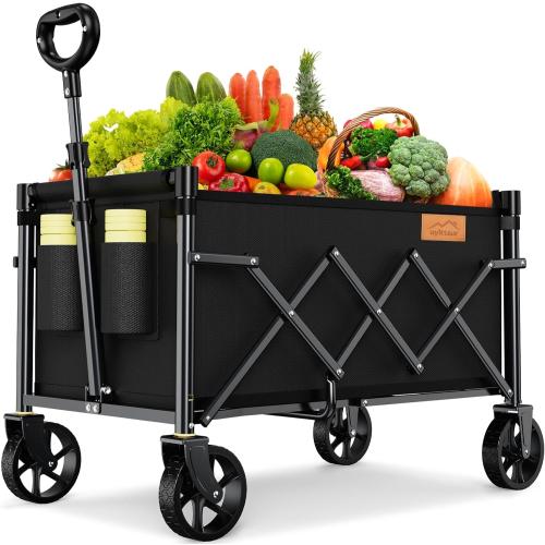 Color Black Collapsible Wagon Cart Foldable with 220lbs Weight Capacity, Lightweight Portable Folding Utility Grocery Shopping Cart with Wheels for Camping Sports Beach and Shopping