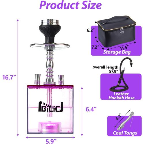 Acrylic Cube 2 Hose Shisha Large Hookah Set with Everything Included, Large Cloud Performance LED Light Hookah Machine, Perfect for Parties & Travel (Purple)