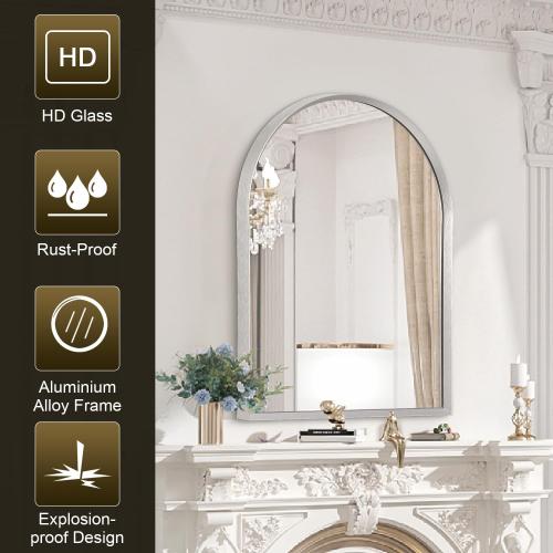 Arched Wall Mirror, 26x18 Silver Arch Mirror, Metal Frame Bathroom Mirrors, Arched Vanity Mirror for Living Room Bedroom Mantel Entryway
