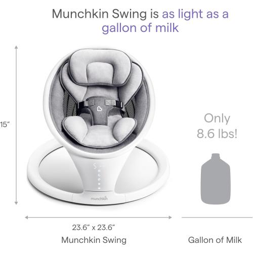 Munchkin Electric Baby Swing, Portable and Lightweight, Bluetooth Enabled Infant Rocker with Natural Sway in 5 Ranges of Motion, Newborn Nursery Essentials, White/Grey