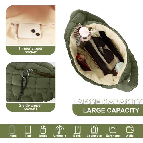 Quilted Puffer Tote Bag Purse Puffy Crossbody Shoulder Bag,Lightweight Nylon Hobo Bag Puffer Carryall Bag for Women Girl
