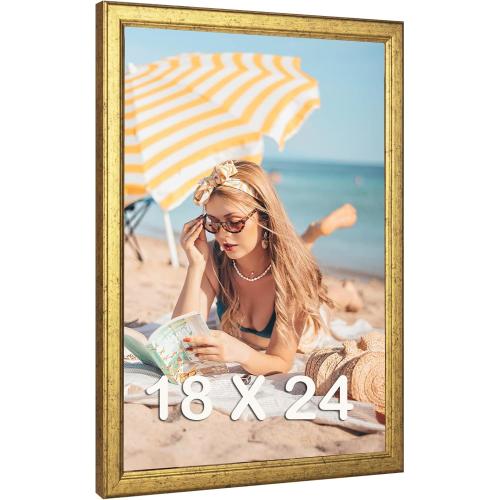 Wood 18x24 Frame Gold, Ornate Natural 24x18in Poster Picture Frame, Modern Golden 18 x 24inch Gallery Wall Photo Frame with HD Plexiglass, Horizontal Vertical Wall Mounting Display 1pcs