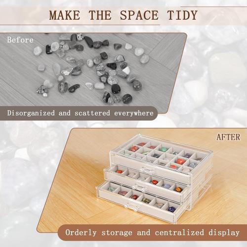 Acrylic Rock Display Case,54 Grids Rock Collection Box for Kids with Mini Magnifying Glass and Gloves, Clear Display Cases for Stones Collectibles Gemstone Crystals Storage Boxes