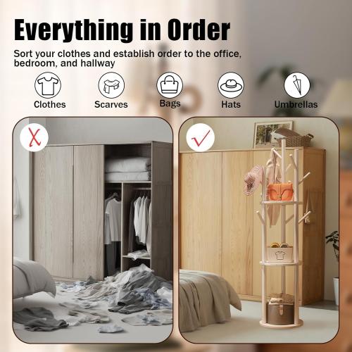 Simcat Wood Coat Rack with 3 Shelves and 9 Hooks Coat Tree Hanger Freestanding Coat Rack for Bedroom, Hallway, Entrance, Office, for Hats, Coats, Scarves, Handbags (Fixed rack walnut color)