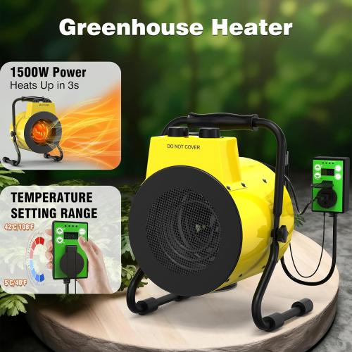 1500W Greenhouse Heater with Digital Thermostat, Outdoor Heater with Overheat Protection and 3-Second Rapid Heating Function, Outdoor Heaters for Patio Garage, Greenhouse, Flower House