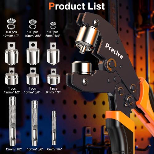 Preciva 3-Size Grommet Tool Kit - 1/2 1/4 3/8 Hole Punch & Eyelet Setting Tool with 300Pcs Grommets | Handheld Eyelet Plier for Tarps, Tents, Canvas, Vinyl & Leather Crafting