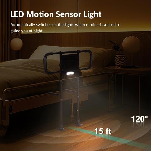 Bed Rails for Elderly Adults Safety - Elderly Assistance Products, Bedrails for Rlderly Adults Grab Bar Bed Handrails, Bed Rail with Pocket, Motion Sensor Light Fits King, Queen, Full, Twin (Black)