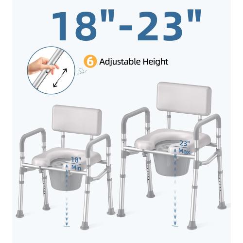 Bedside Commode with Padded Seat and Backrest, Aluminum Commode Toilet with Bucket, Easy Cleaning Portable Toilet for Adults and Seniors, 350 lb Capacity Enhanced Crossbar