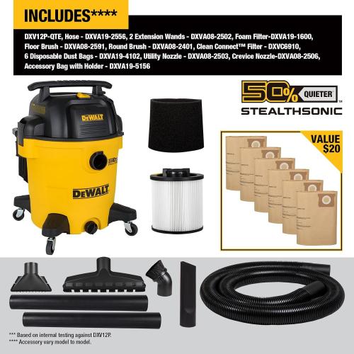 DEWALT Stealthsonic 12 Gallon 5.5 HP Shop Vacuum Wet and Dry, DXV12P-QTE | Ultra Quiet Motor with Powerful Suction, 6 Dust Bags & Accessary Storage Bag Design for Garage Workshop and Jobsite Cleanup
