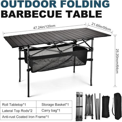 Size 47” x 21.65” x 26.7 Lightweight Aluminum Folding Camping Table (47” x 21.65” x 26.7”), Portable Roll-Up Design for Outdoor, Camping, Beach, BBQ, Patio, and Picnic, Durable & Waterproof with Carrying Bag