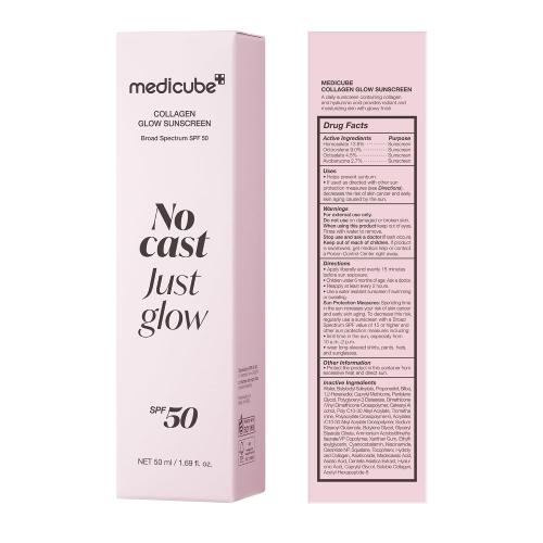medicube No Cast Just Glow Collagen Sunscreen | SPF 50 Broad Spectrum Face Sunscreen | Lightweight, Non-Sticky, Hydrating Formula | Peptide, Cica for Soothing & Glow | Korean Skincare