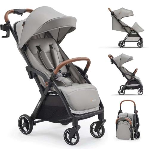 Grey Travel Stroller, Overhead-Friendly Compact Baby Stroller(Newborn to 50lbs), Self-Folding Toddler Pushchair for Travel, Full-Reclining Seat, Cup Holder Included