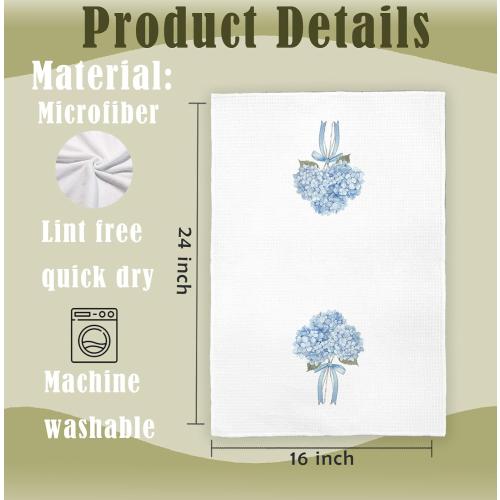Blue Hydrangea Bow Decorative Hand Towels for Bathroom Washroom Set of 2, Hydrangeas Gifts, Hydrangea Decor for Bathroom Kitchen, Flower Floral Hydrangeas Kitchen Towels, 16x24 Inch