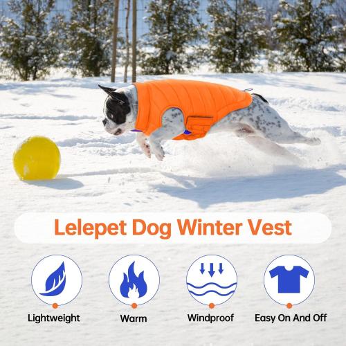 Lelepet Reversible Large Dog Coat Waterproof Dog Jacket Windproof Puffer Vest for Winter Warm Lightweight Coats for Medium Dogs Adjustbale Hook & Loop Pet Apparel with Leash Hole, French Bulldog, Orange, L