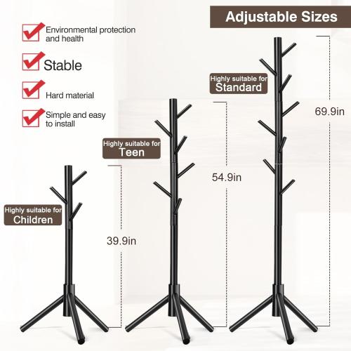 Coat Rack, Freestanding Coat Rack with 8 Hooks and 3 Adjustable Size Tree Coat
