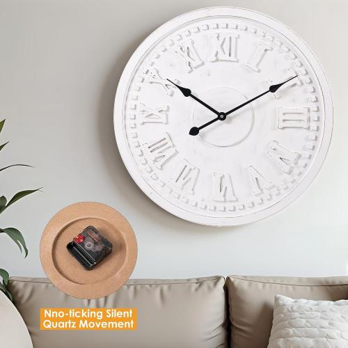 Vintage Wall Clock with Roman Numerals – 24, 30, 36 – Quartz Movement, Black Hands, Distressed Finish, MDF Wood Veneer – Elegant Home Decor