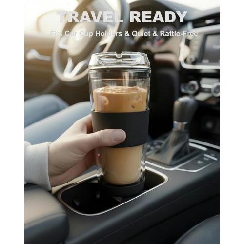 14oz Double Walled Glass Coffee Tumbler with Full Glass Lid & Silicone Sleeve - Non-Slip Insulated Travel Mug with Protective Bottom Bumper - 100% Plastic-Free