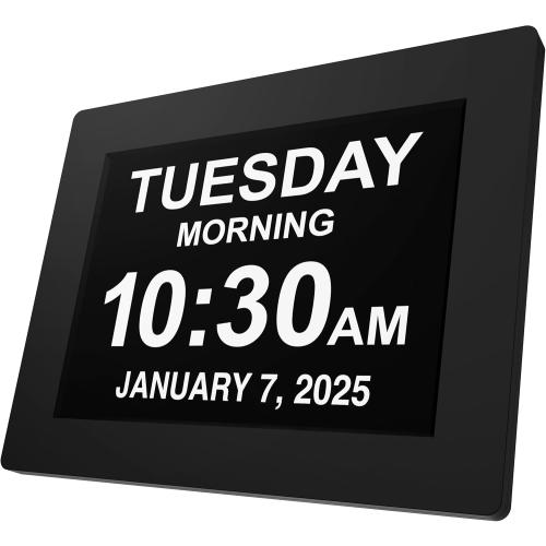 American Lifetime Large Digital Clock for Seniors, Black, 8 inch, with Day & Date, Customizable Alarms, Auto-Dimming, Multi-Language Support, Battery Backup, Easy Setup, and Gift Option
