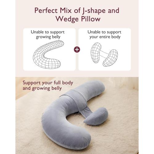 Momcozy Pregnancy Pillow, Original F Shaped Maternity Pillow for Pregnant Women with Adjustable Wedge Pillow, Full Body Support Pregnancy Pillows for Side Sleeping with Velvet Cover, Grey