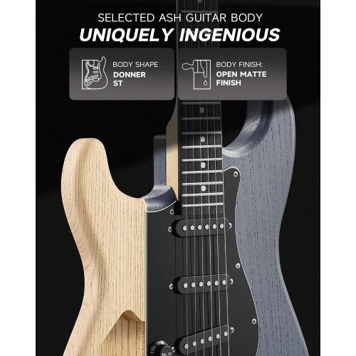 DONNER DST-80 Left-Handed Electric Guitar 39” Beginner Electric Guitar Kit with Amp, Classic SSS Pickup Complete with Gig Bag, Tuner, Capo, Strap, Picks, and Free Online Lessons, Matte Black