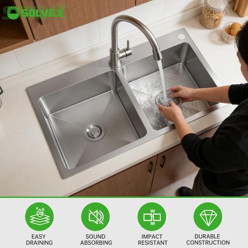 SOLVEX 30 Inch Drop in Double Bowls Kitchen Sink with Nano Coating,30x18 Inch Handmade Stainless Steel Topmount Kitchen Sink ST-7546