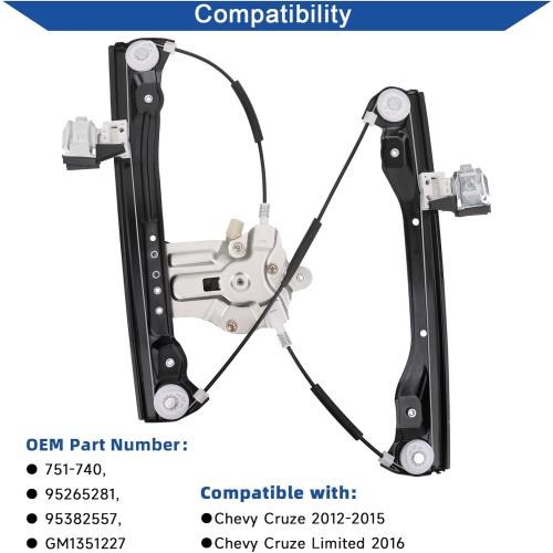Power Window Lift Regulator with Motor Assembly Front Right Passenger Side Compatible with Chevrolet Cruze 2012-2015/ Chevy Cruze Limited 2016 (2 Pins), Replace OE 751-740