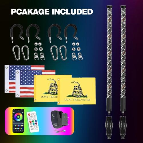 2PCS 3FT Whip Lights with Upgraded Spring Base, Spiral RGB Chasing Led Whip Lights for Side by Side, APP & Remote Control Music Led Whips with Rocker Switch for UTV ATV RZR SXS Can-Am
