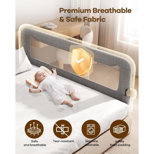 Foldable Bed Rail for Toddlers, 74in Reinforced Carbon Steel Frame&Connectors, Breathable Cationic Fabric - Safety Toddler Bed Rails for Queen, King, Twin, Full, No-Tool Setup.