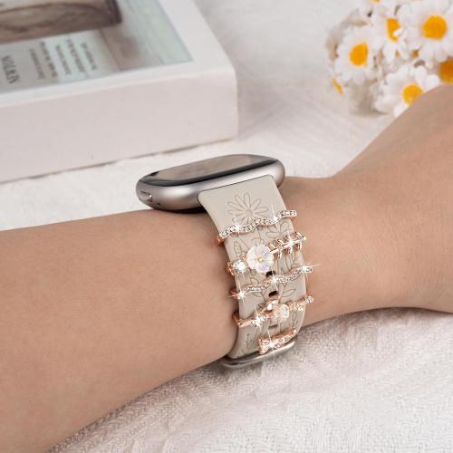 Wildflower Engraved Bands Compatible with Fitbit Sense 2, Versa 4/3, Sense Band with Charms, Soft Silicone Replacement Wristbands Strap with Cute Decorative Rings Accessories for Women