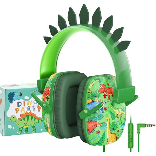 Color Green TCJJ Dinosaur Headphones for Boys to School, Kids Wired Headphones with Mic & 3.5mm Jack, Safe Volume 85/94dB,Noise Cancelling Over-Ear Headphone with Adjustable Headband for iPad/Smartphones-Green