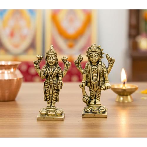 eSplanade Brass Lakshmi Narayan Pair - Lord Vishnu with Laxmi Idol Murti Statue Sculpture - 3 Inches | Pooja Idols | Home Decor