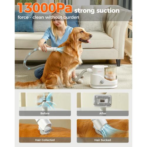 uwant Dog Grooming Vacuum, Cat Grooming Kit, Pets 13KPa Suction Grooming Kit for Home, 6 in 1 Low Noise Pet Hair Removal Tool, White and Silver