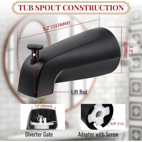 Tub Spout with Lift Rod Diverter for 1/2 Copper Pipe, Matte Black, 1