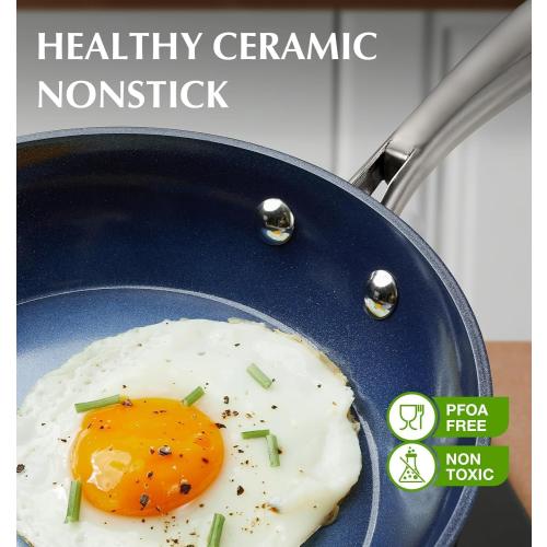 KOCH SYSTEME CS 14 Inch Large Frying Pan with Lid, Nonstick Skillet with Ceramic Interior, Large Fry Pan for Family & Commercial Cooking, Frying Pan Nonstick, Oven Safe & Induction Compatible, Blue