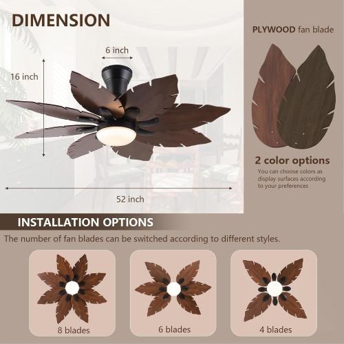 52'' Palm Leaf Ceiling Fans with Lights,Handmade Wooden Dual Fan Blades,Tropical Ceiling Fans with Remote,22W 3 Color LED Light, DC Reversible Motor, Low Profile Ceiling Fan for Patio, Living room
