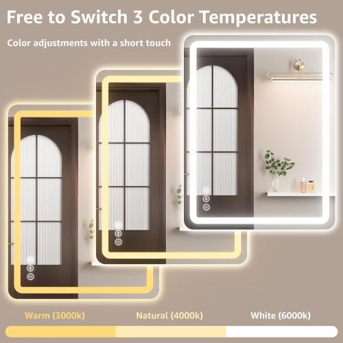 20L x 28W Led Bathroom Mirror with Lights, Anti-Fog & Tri-Color Lighting - Wall Mounted Shaving Mirror with Touch Sensor, Waterproof & Smart LED Vanity Mirror,Tempered Glass, Dimmable Smart Mirror