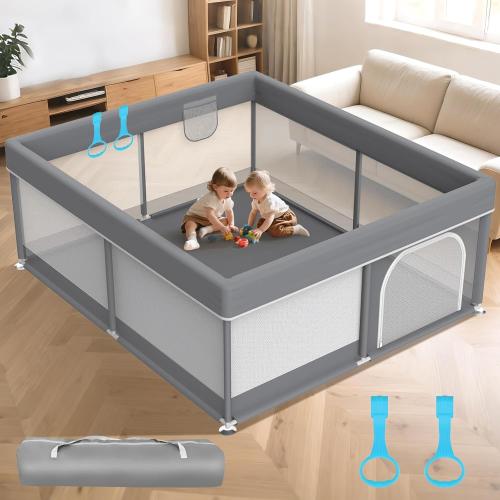 79x71 Extra Large Baby Playpen - Playard with 2 Pull Up Rings & Storage Bag Stable Manual Assembly Baby Fence with Anti-Collision Sponge Sturdy Stainless Steel Play Yard for Toddlers Dark Grey