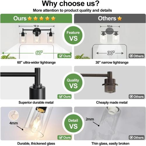 Bathroom Light Fixtures Upgrade, 3-Light Matte Black Vanity Light, Black Bathroom Lights Over Mirror with Clear Glass Shade, Wall Sconces for Mirror Bedroom Living Room Hallway