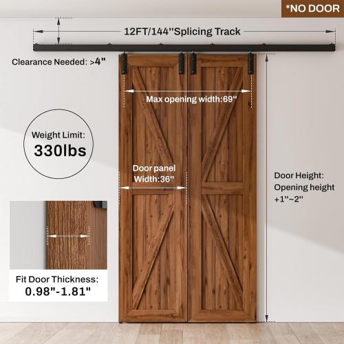 144/12FT Double Barn Door Hardware Kit Box Rail, Exterior Barn Door Hardware Kit Wall Mount, Heavy Duty Aluminium Alloy Track (No Panel)