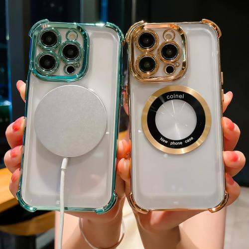 for iPhone 15 Pro Max Magnetic Transparent Case,Luxury Bling Four Corners Shockproof Military-Grade Protection with Camera Lens Protector MagSafe Clear Plating Cover for Women Men-Golden