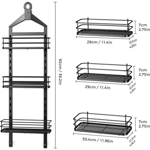 ODesign 3 Tier Height-Adjustable Shower Caddy Hanging Hanger Anti-Swing-Over The Shower Head Caddy-Shower Storage Organizer Bathroom Shelves Basket Shower Caddies-Black,11.9 x 4.84 x 36.2