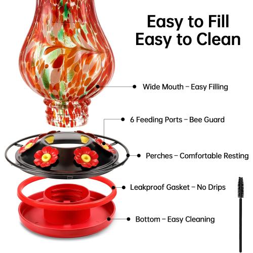 DesGully Solar Hummingbird Feeder for Outdoor - 25 fl.oz Hand Blown Glass Hummingbird Feeders for Outdoors Hanging, Large Capacity with Moat, 6 Colors Changing Light Outside Garden Decor (Red)