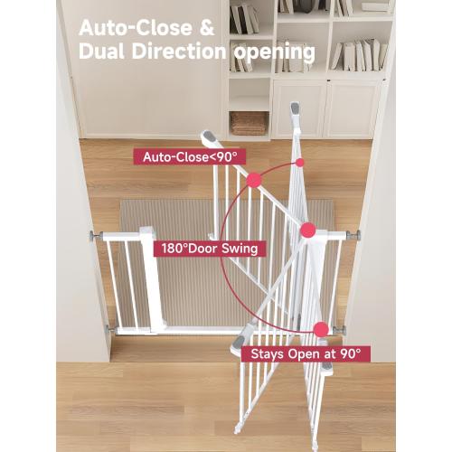 Baby Gate for Stairs, 29.5-40.5 Dog Gate for Doorways, Walk Thru Auto Close Metal Child Gate for The House, Stairs and Doorways, Pressure Mounted Pet Gate for Dog Indoor (White)