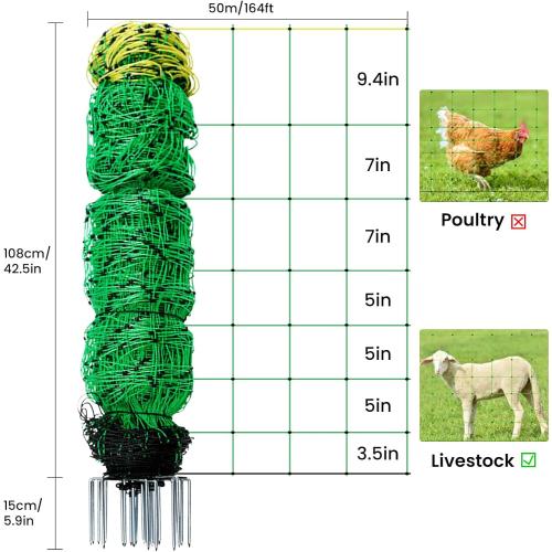 Electric Fence Netting, 164'L x 42.5 H Movable Livestock Nets for Sheep, Hogs, Cattle, PE Net Fencing Kit with 14 Posts Double Spiked, Electric Fencing for Backyards, Homesteaders, Farms Ranches
