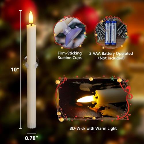 8pcs 0.78 x10 Plastic LED Ivory Flameless Window Candles with Sensors from Dusk to Dawn, Battery Operated Flickering Taper Warm Glow for Festival Decoration with Suction Cups