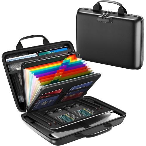 Fireproof Document Box, Hard Case Fireproof File Organizer with Lock and 13 Pocket Accordion File Folder, Portable Safe Box for Home Office Travel to Storage Important Documents Laptop Black